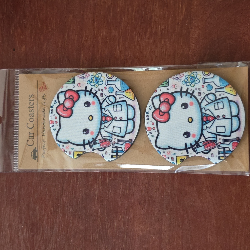 Hello Kitty as Doctor Car Cup Holder Handmade Reuseable Set of 2 Coasters